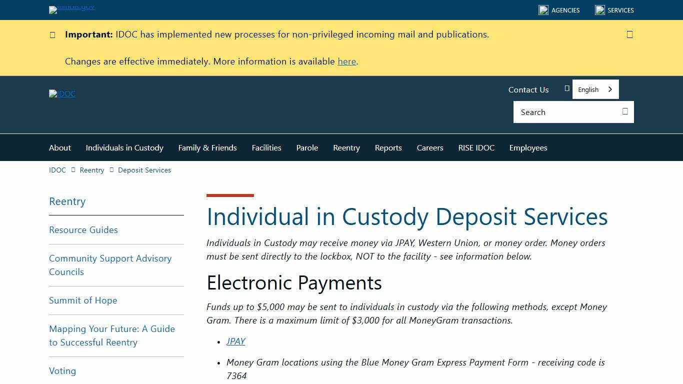 Individual in Custody Deposit Services